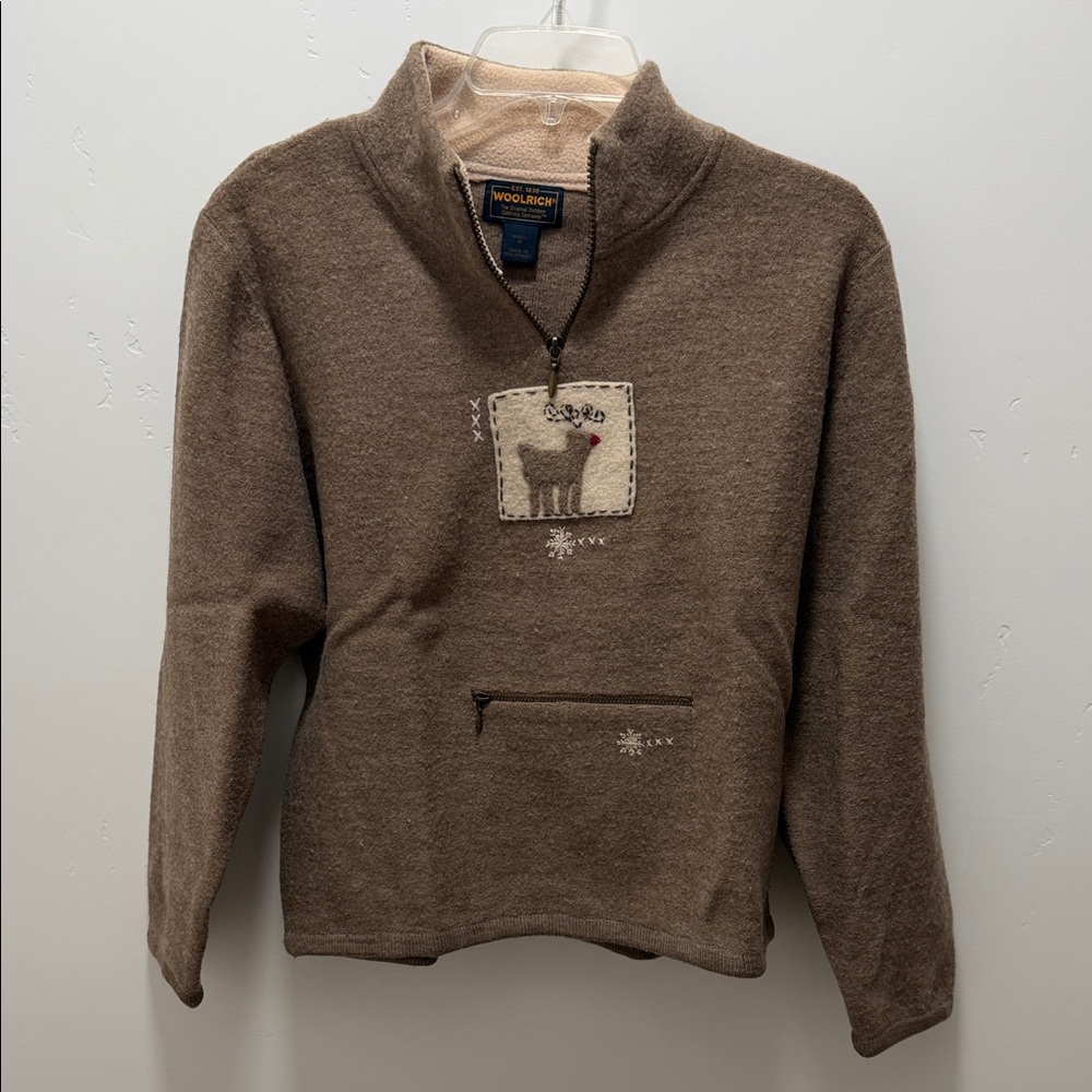 Woolrich Tan Zip-Up Sweater with Deer Motif